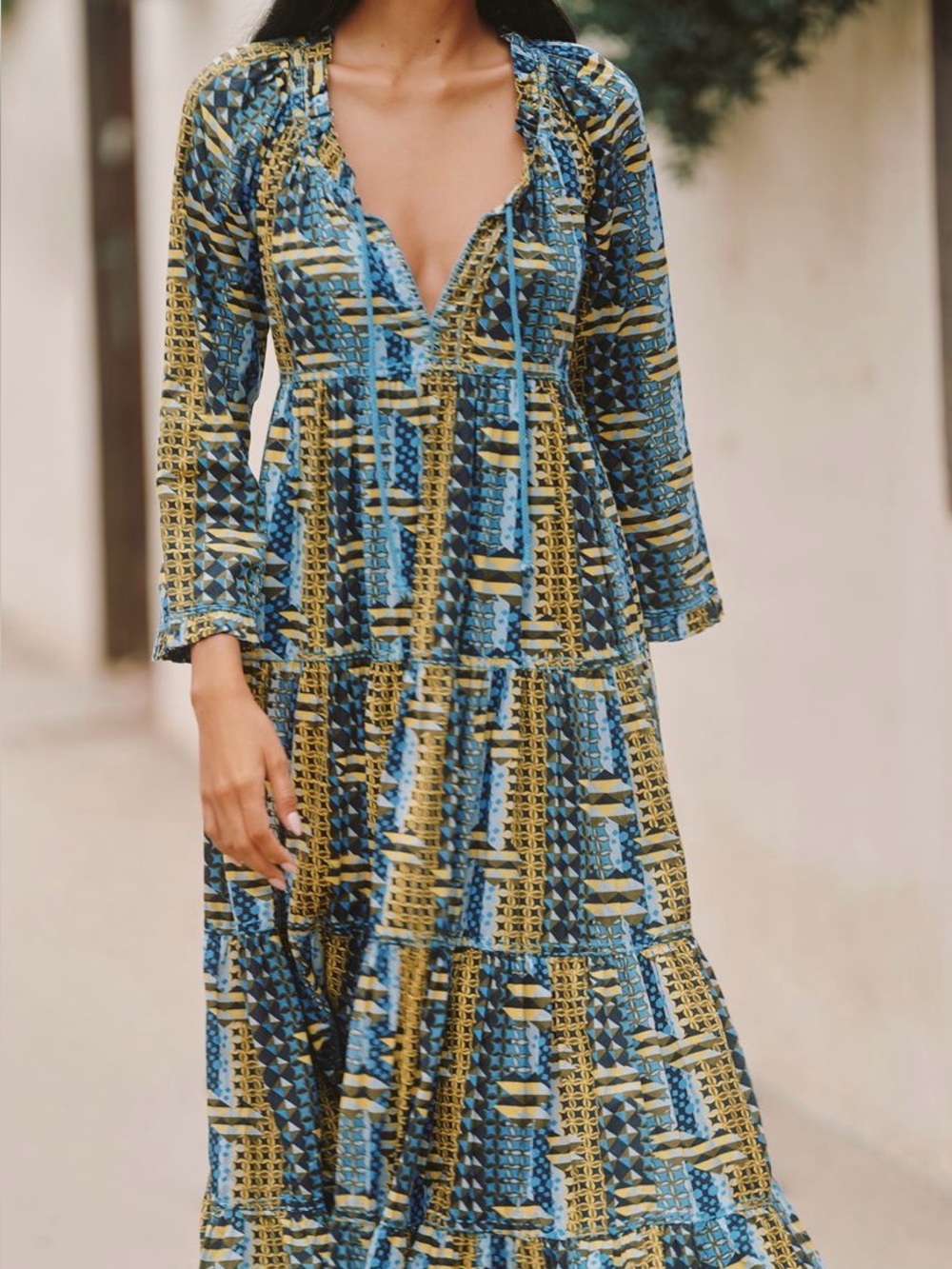 Anthropologie Ro’s garden Blue & Yellow Geometric Tiered Maxi Dress